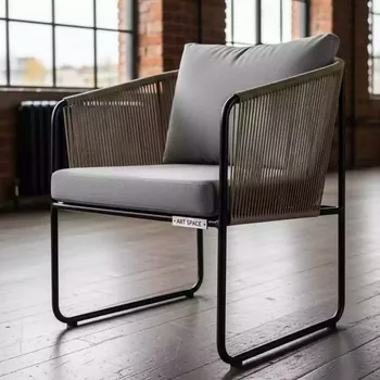 Аренда Стул Диего плетеный из роупа сталь бежевый роуп светло серая ткань в ресторане «Паруса» — ART SPACE
