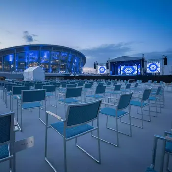 Аренда Стул Хит алюминиевый жаккард ромб синий серебряный каркас в ледовом дворце «Большой» — ART SPACE