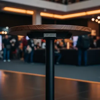Аренда Стол коктейльный Buffet темное дерево диаметр 60 см в Omega Sirius — ART SPACE