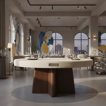Аренда Стол Арис круглый бархат кремовый в ресторане «Баран-Рапан» — ART SPACE