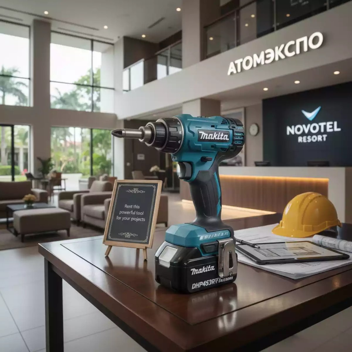 Аренда Шуруповерт аккумуляторный ударный Makita DHP453RFE в Novotel Resort – АТОМЭКСПО — ART SPACE