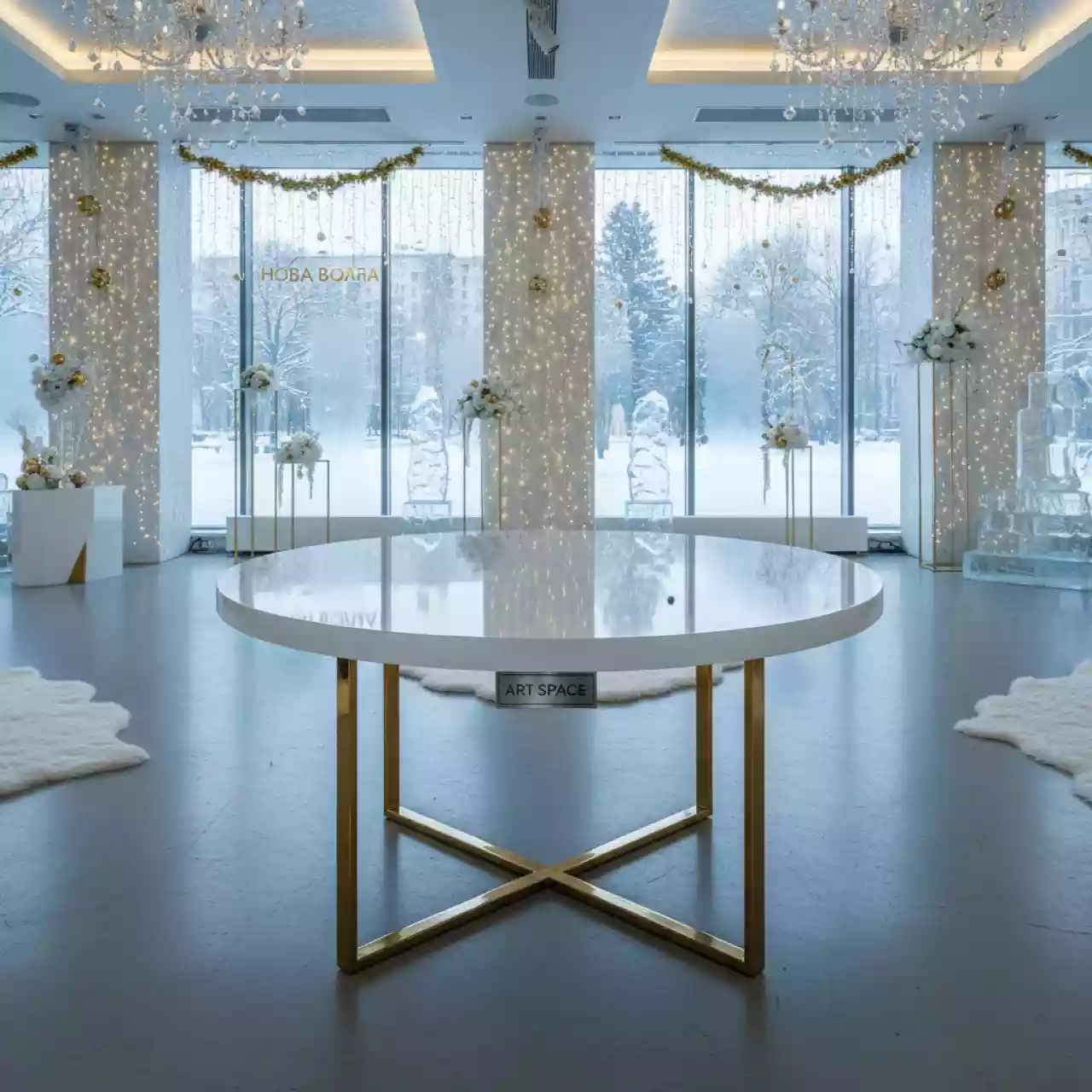 Аренда Стол Корнелл круглый бело золотой в City Park Hotel Sochi — ART SPACE