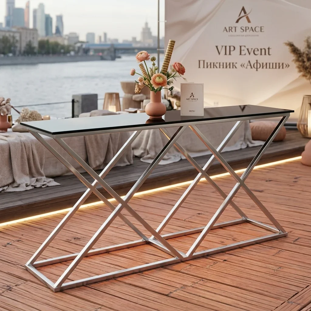 Аренда серебристого фуршетного стола Double X-Loft